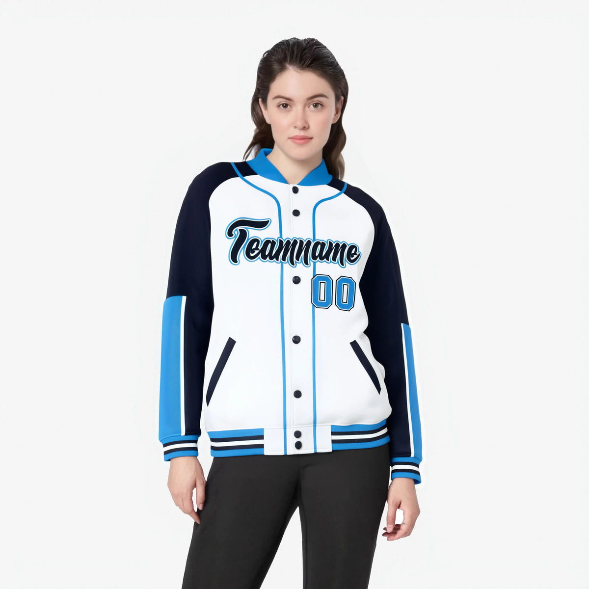 Custom White Navy-Powder Blue Varsity Full-Snap Color Block Letterman Jacket