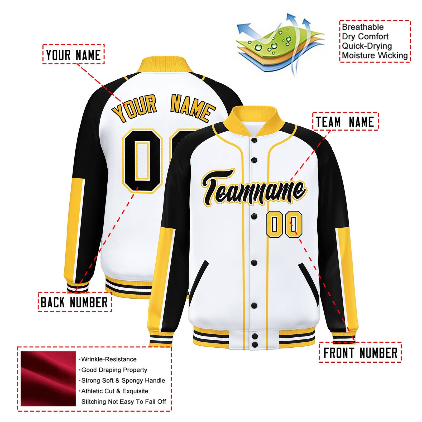 Custom White Black-Gold Varsity Full-Snap Color Block Letterman Jacket