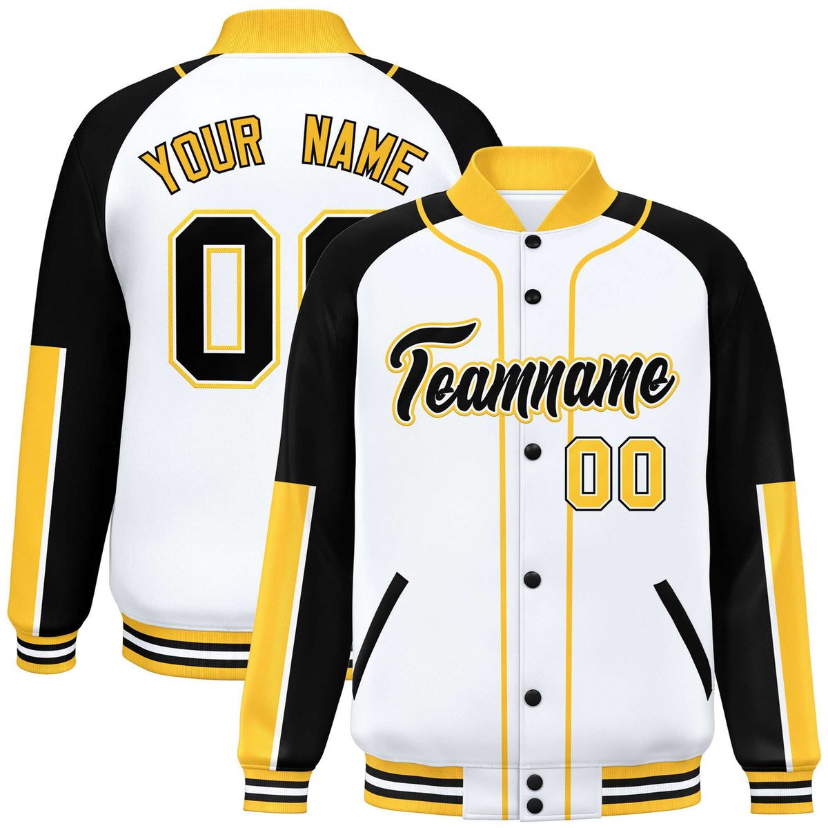 Custom White Black-Gold Varsity Full-Snap Color Block Letterman Jacket