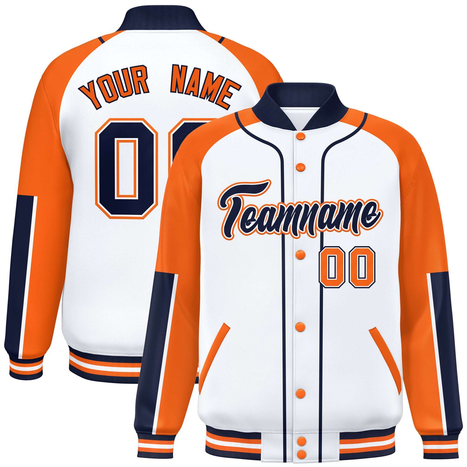 Custom White Orange-Navy Varsity Full-Snap Color Block Letterman Jacket