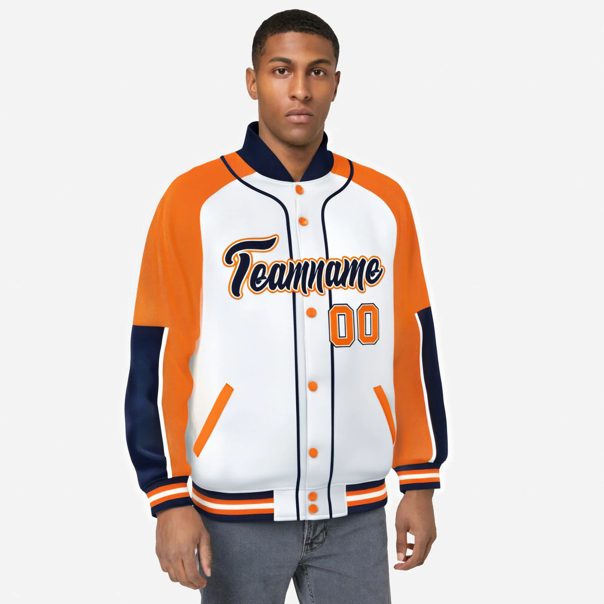 Custom White Orange-Navy Varsity Full-Snap Color Block Letterman Jacket