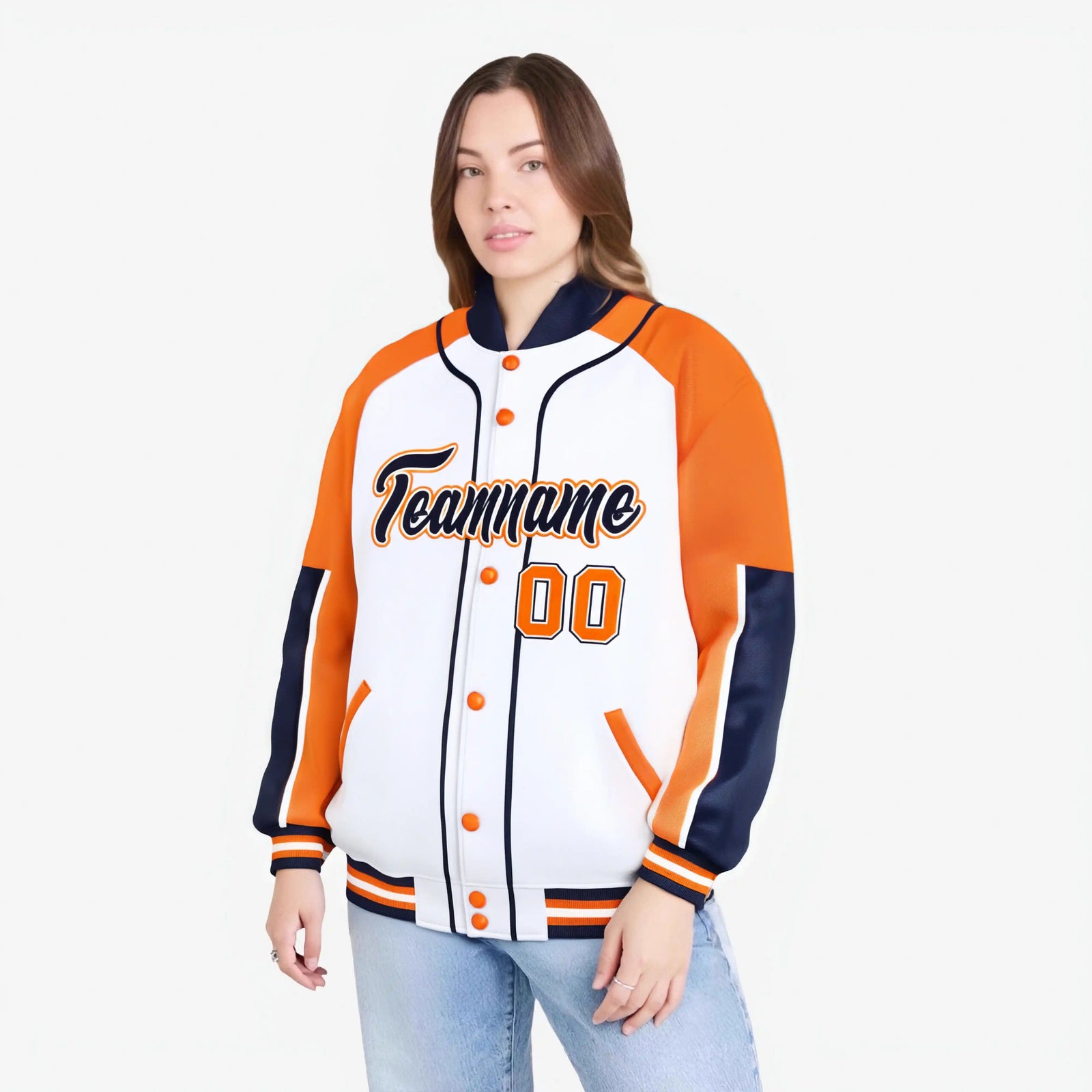 Custom White Orange-Navy Varsity Full-Snap Color Block Letterman Jacket