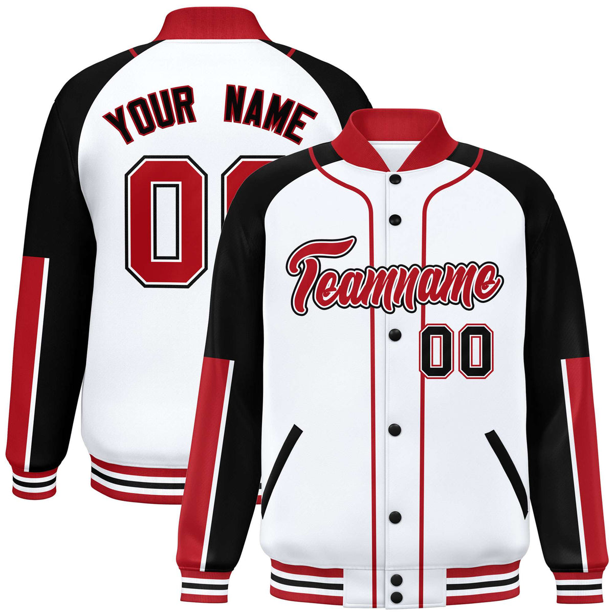 Custom White Black-Red Varsity Full-Snap Color Block Letterman Jacket
