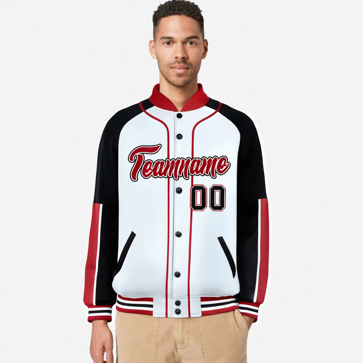 Custom White Black-Red Varsity Full-Snap Color Block Letterman Jacket
