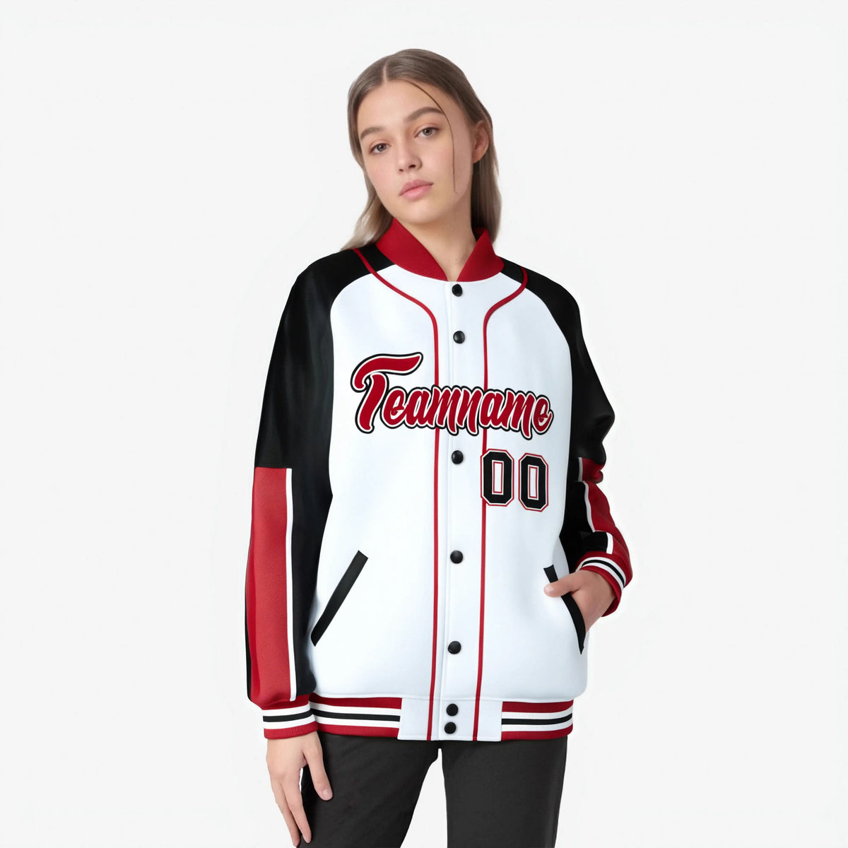Custom White Black-Red Varsity Full-Snap Color Block Letterman Jacket