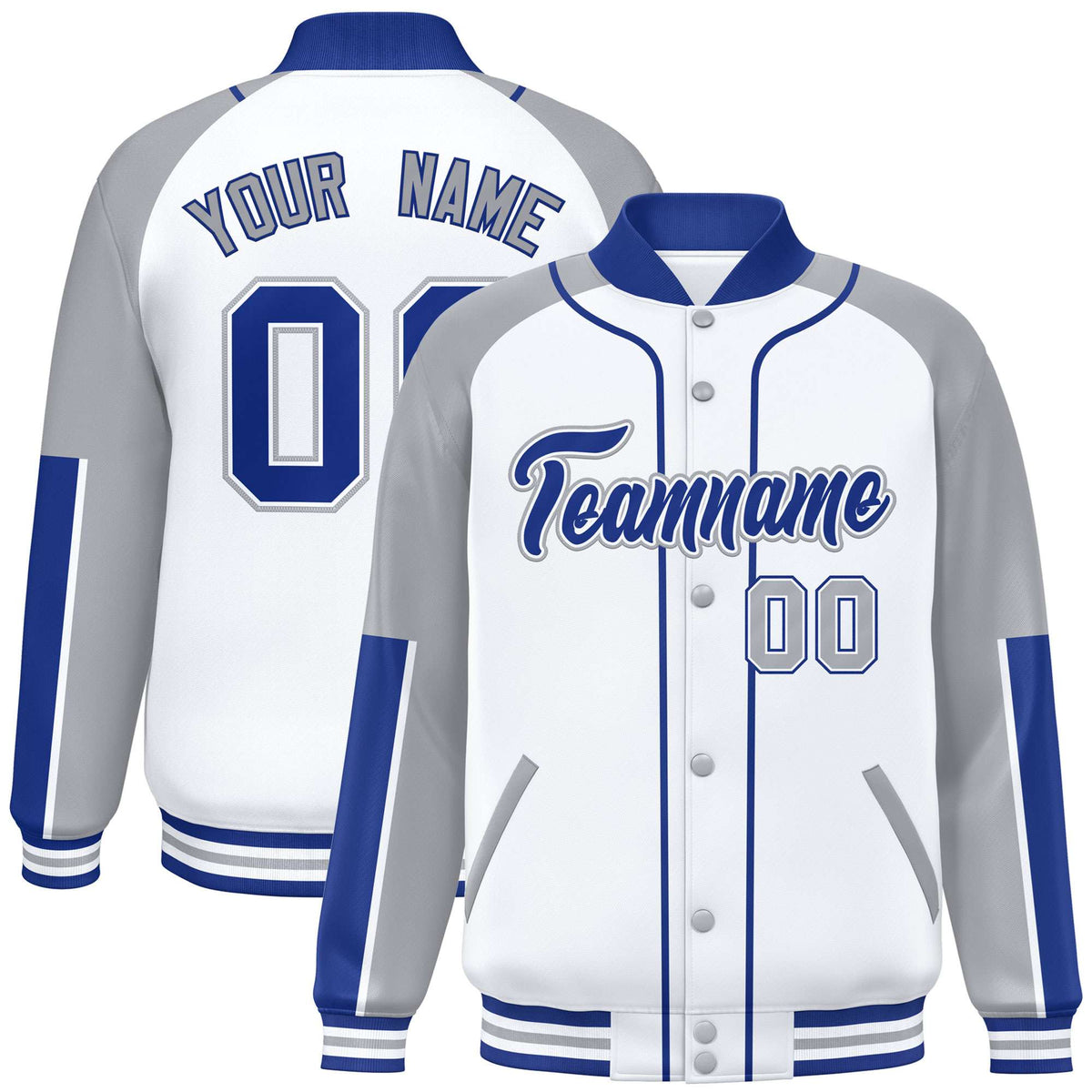 Custom White Gray-Royal Blue Varsity Full-Snap Color Block Letterman Jacket