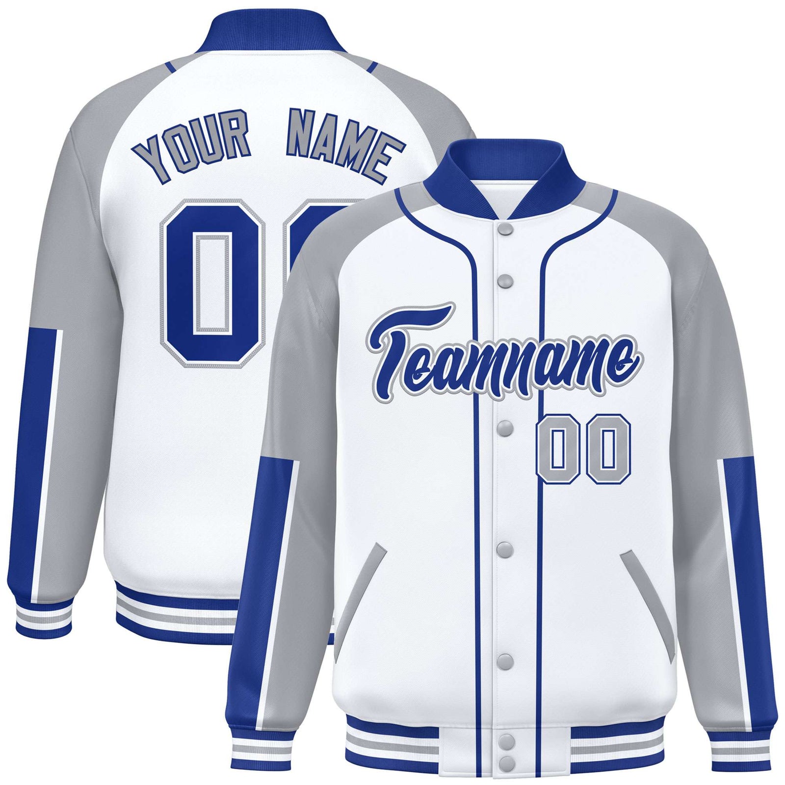 Custom White Gray-Royal Blue Varsity Full-Snap Color Block Letterman Jacket