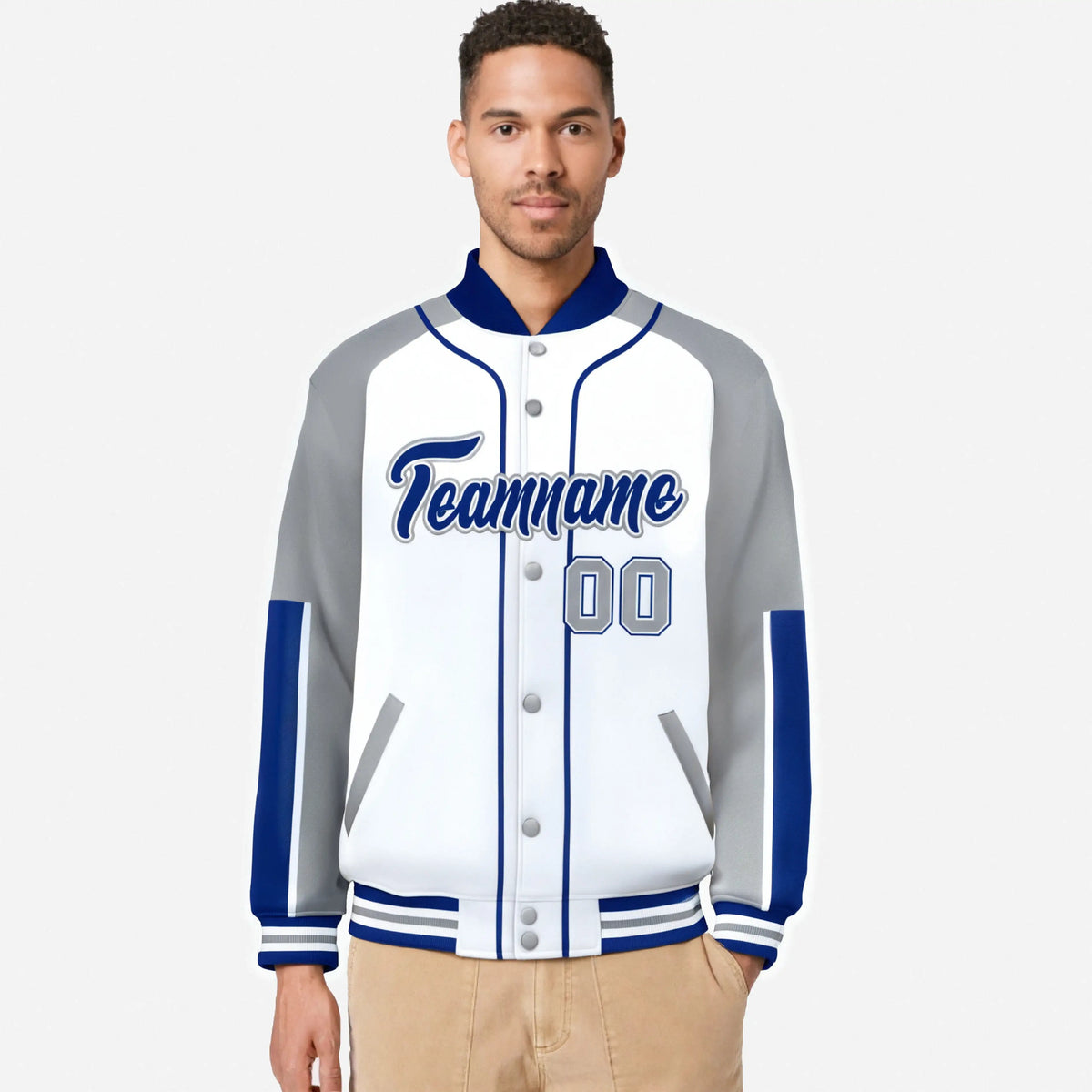 Custom White Gray-Royal Blue Varsity Full-Snap Color Block Letterman Jacket