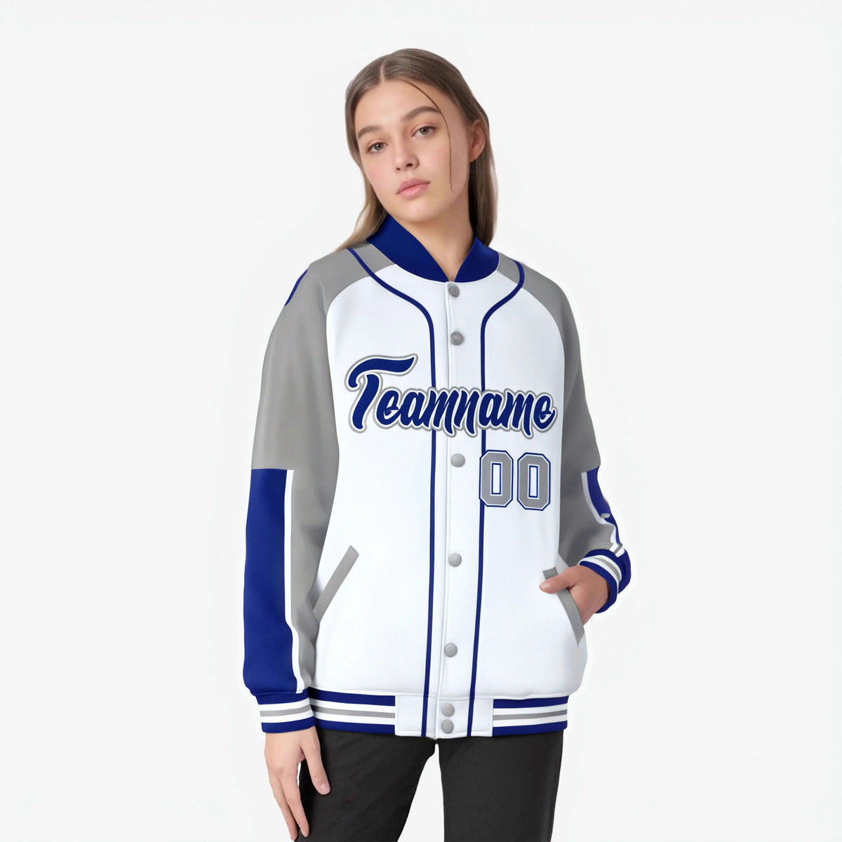 Custom White Gray-Royal Blue Varsity Full-Snap Color Block Letterman Jacket