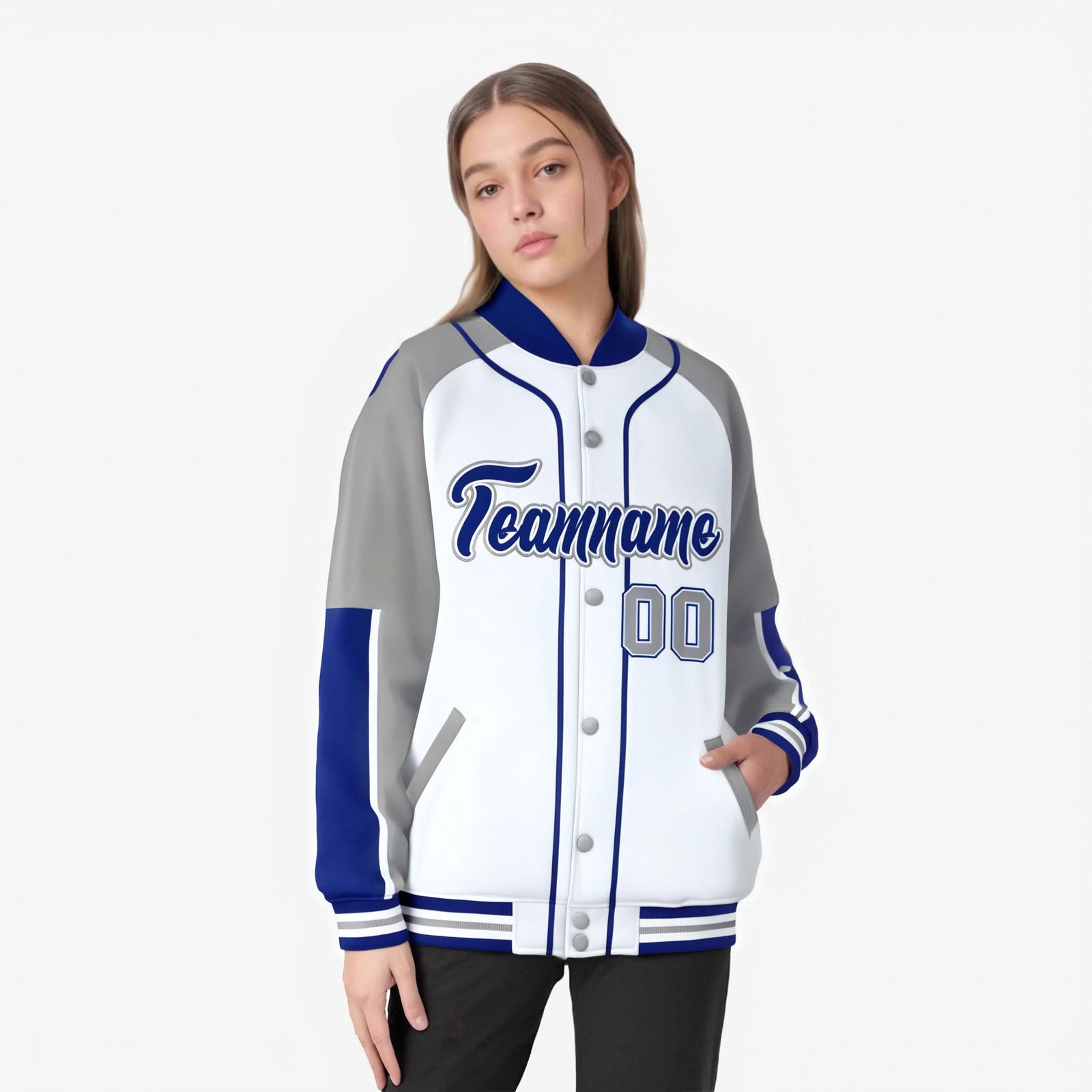 Custom White Gray-Royal Blue Varsity Full-Snap Color Block Letterman Jacket