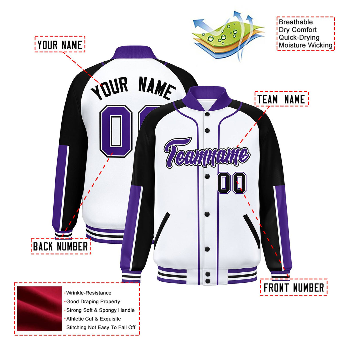 Custom White Black-Purple Varsity Full-Snap Color Block Letterman Jacket