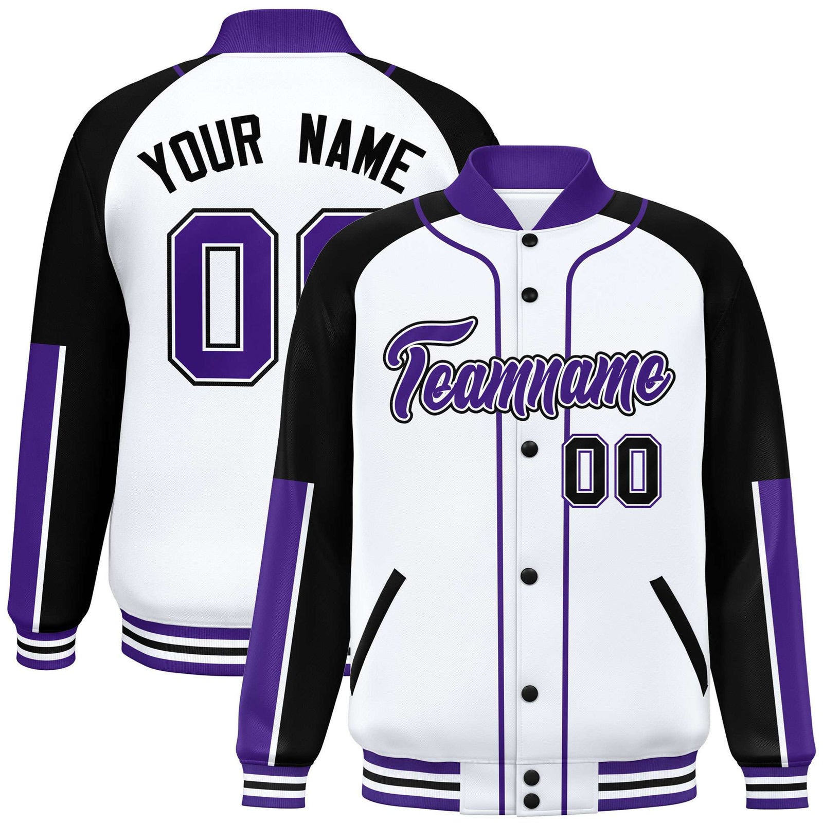 Custom White Black-Purple Varsity Full-Snap Color Block Letterman Jacket