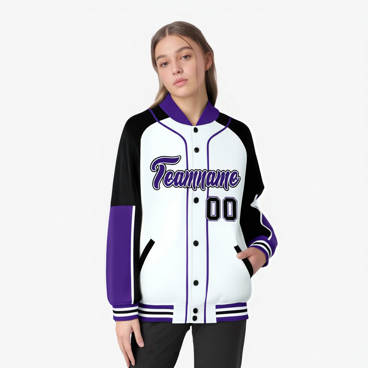 Custom White Black-Purple Varsity Full-Snap Color Block Letterman Jacket