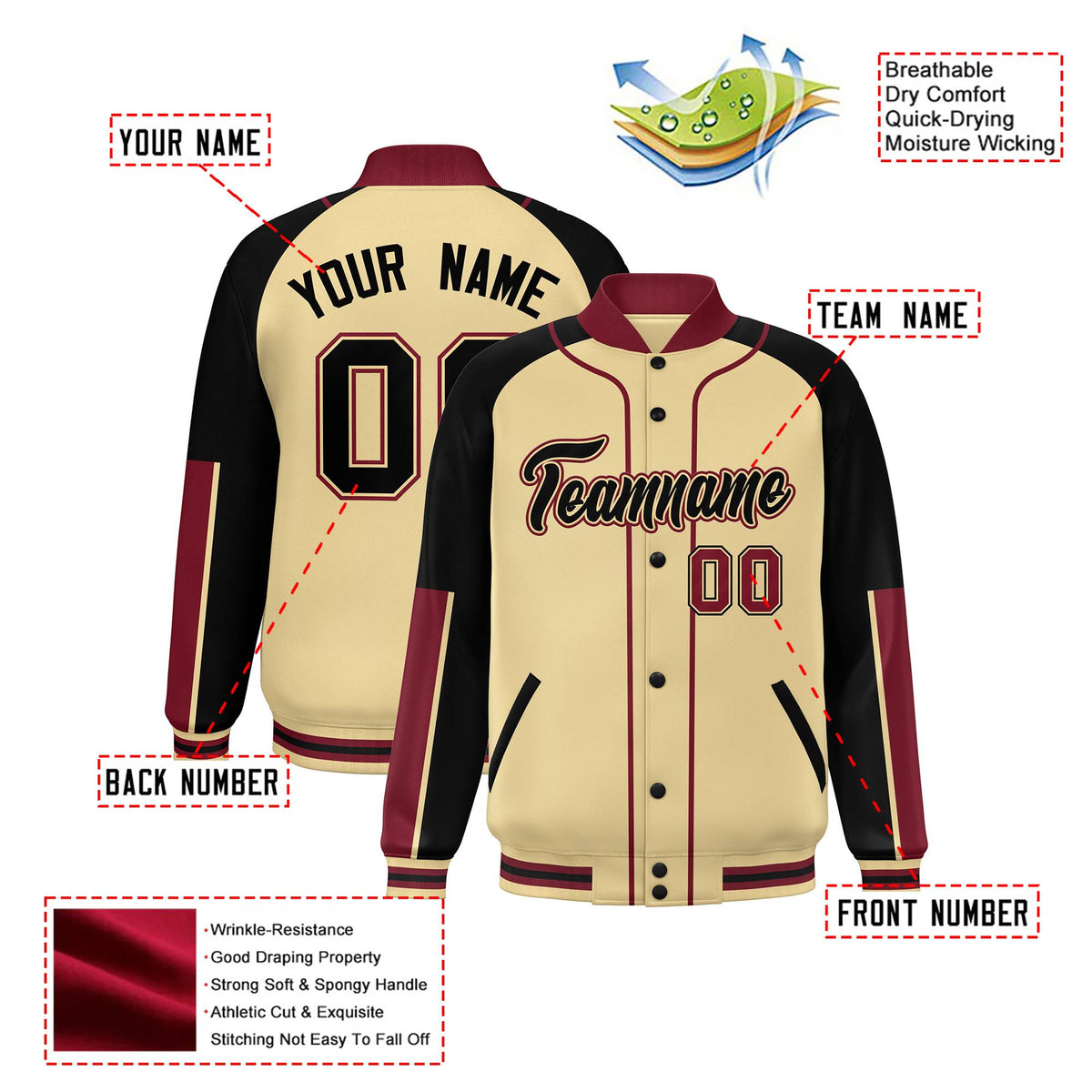 Custom Khaki Black-Crimson Varsity Full-Snap Color Block Letterman Jacket