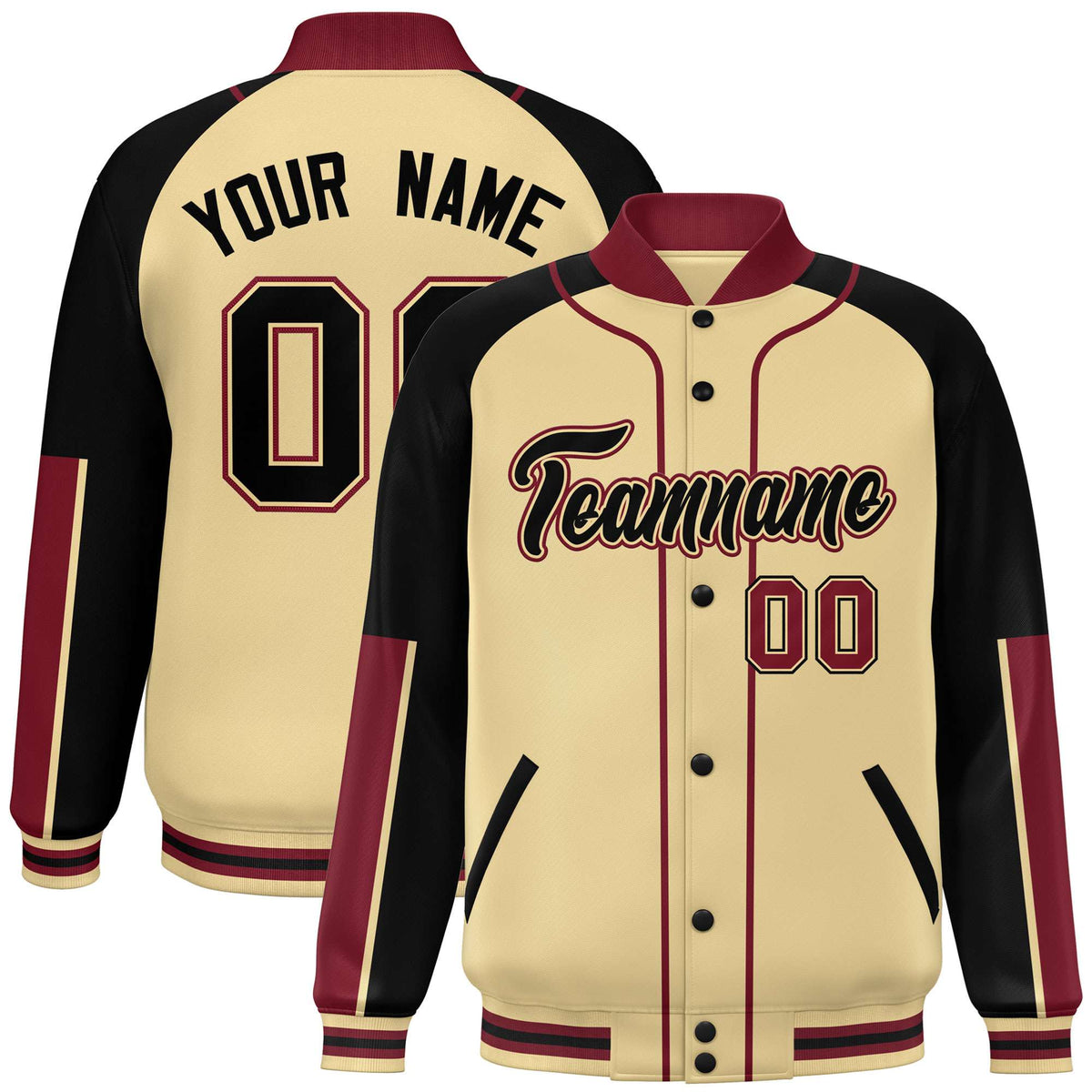 Custom Khaki Black-Crimson Varsity Full-Snap Color Block Letterman Jacket