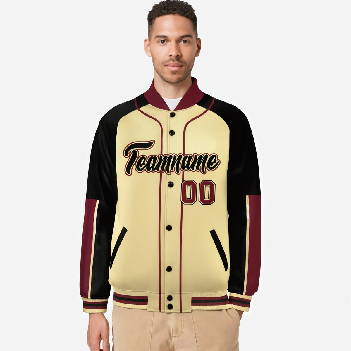 Custom Khaki Black-Crimson Varsity Full-Snap Color Block Letterman Jacket