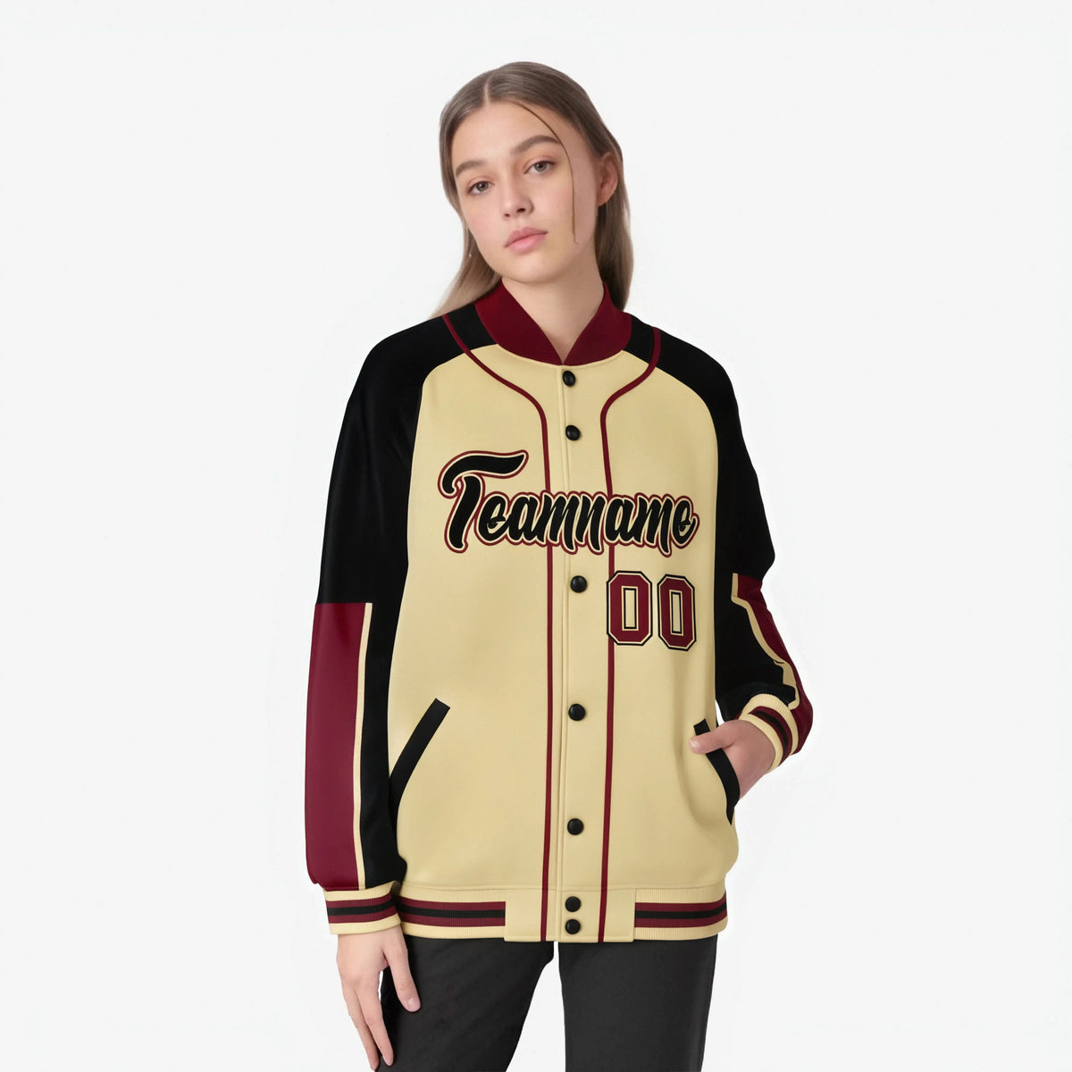 Custom Khaki Black-Crimson Varsity Full-Snap Color Block Letterman Jacket