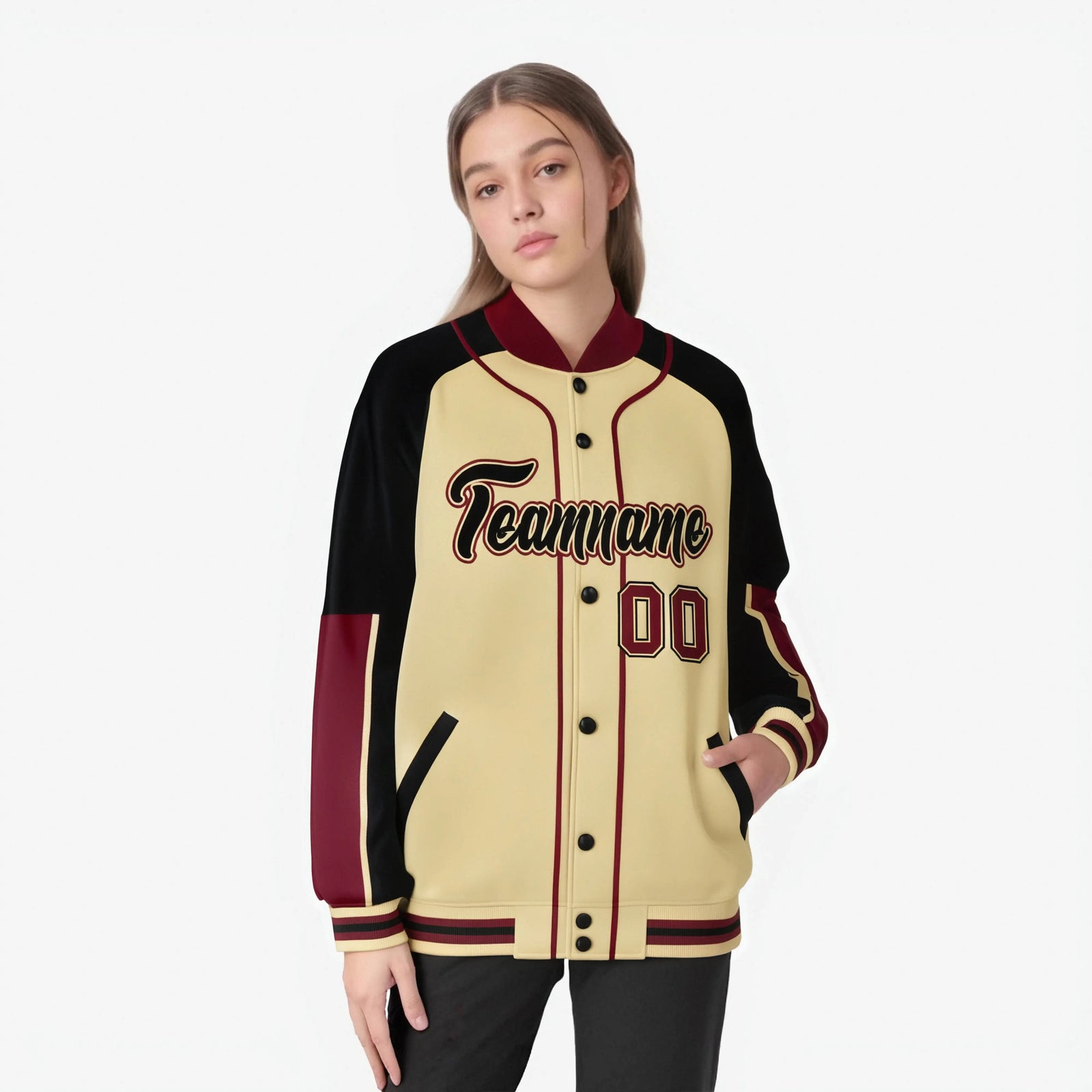 Custom Khaki Black-Crimson Varsity Full-Snap Color Block Letterman Jacket
