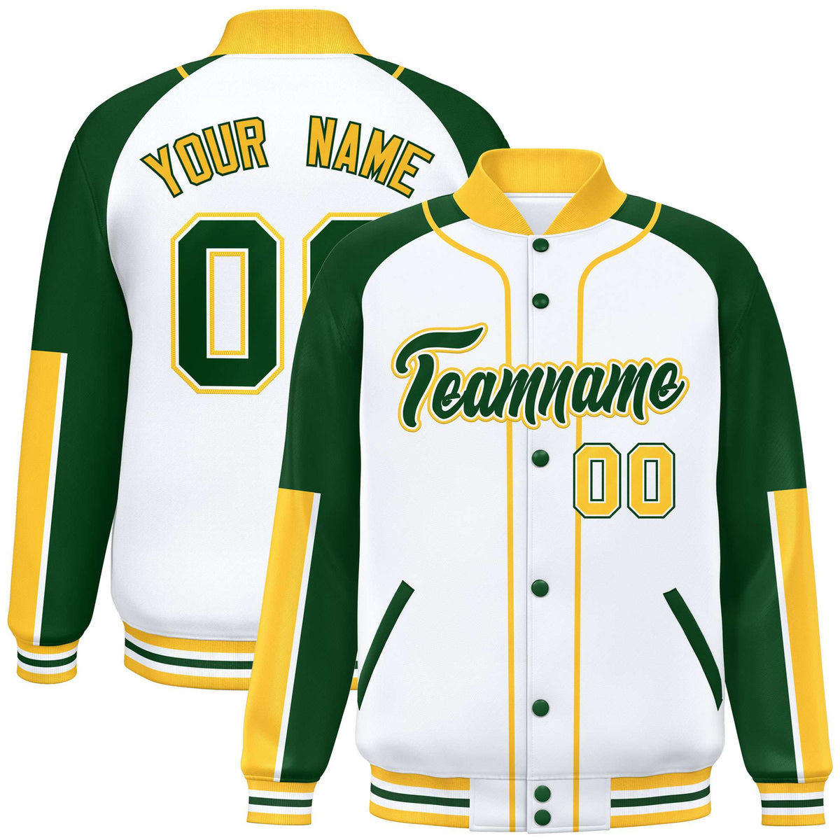 Custom White Green-Gold Varsity Full-Snap Color Block Letterman Jacket