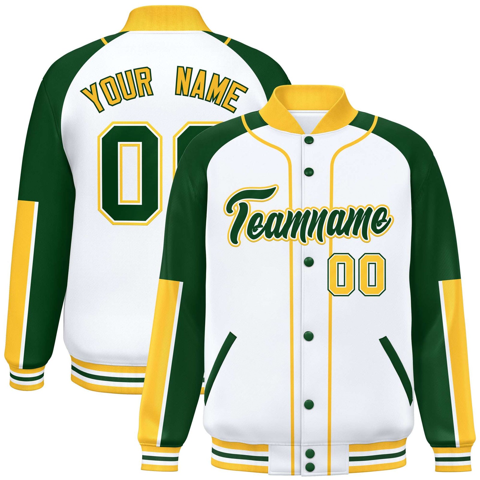 Custom White Green-Gold Varsity Full-Snap Color Block Letterman Jacket