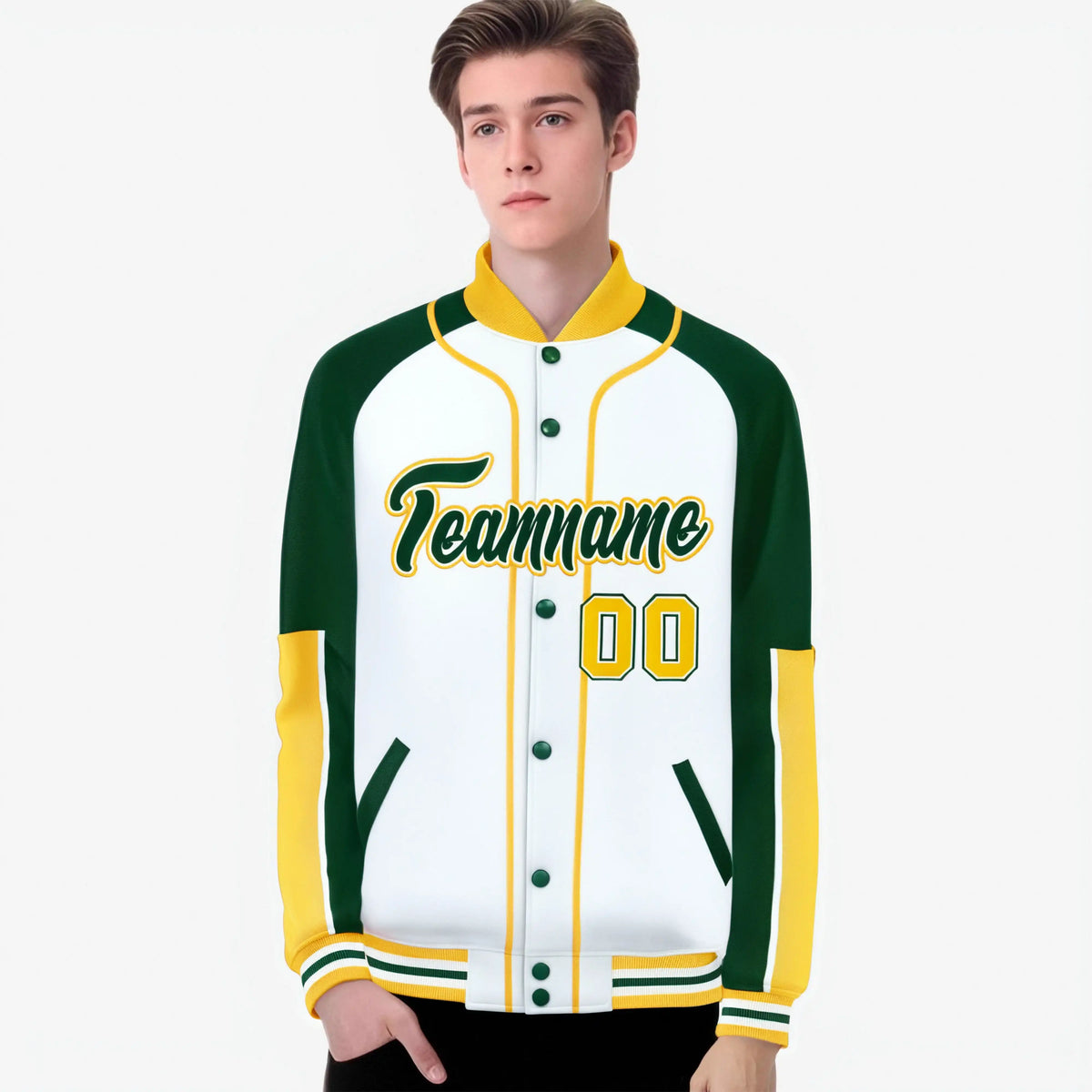 Custom White Green-Gold Varsity Full-Snap Color Block Letterman Jacket