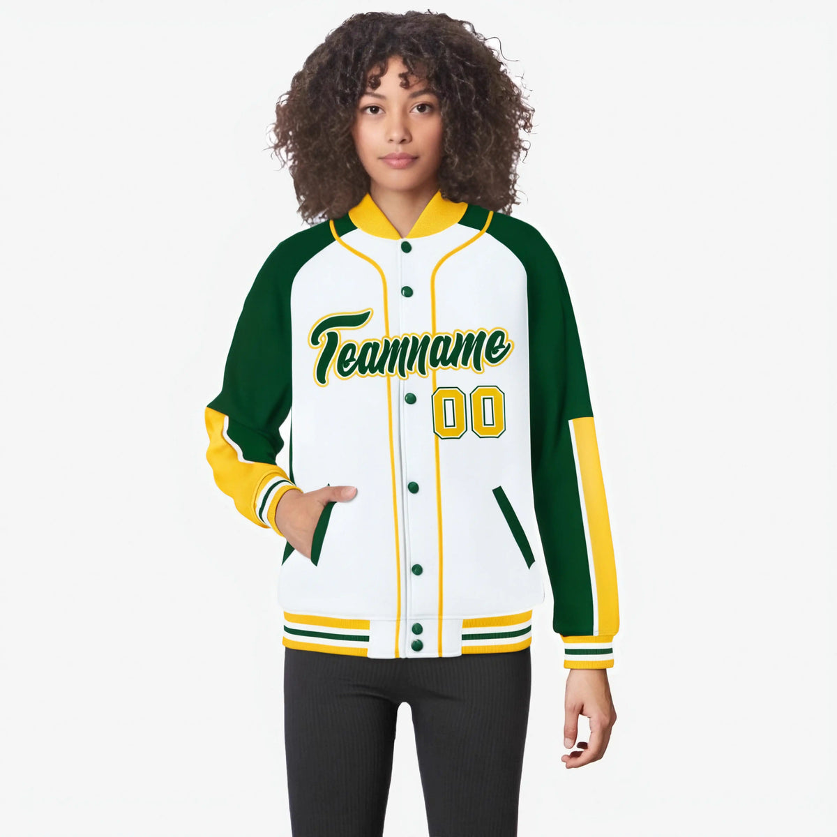 Custom White Green-Gold Varsity Full-Snap Color Block Letterman Jacket
