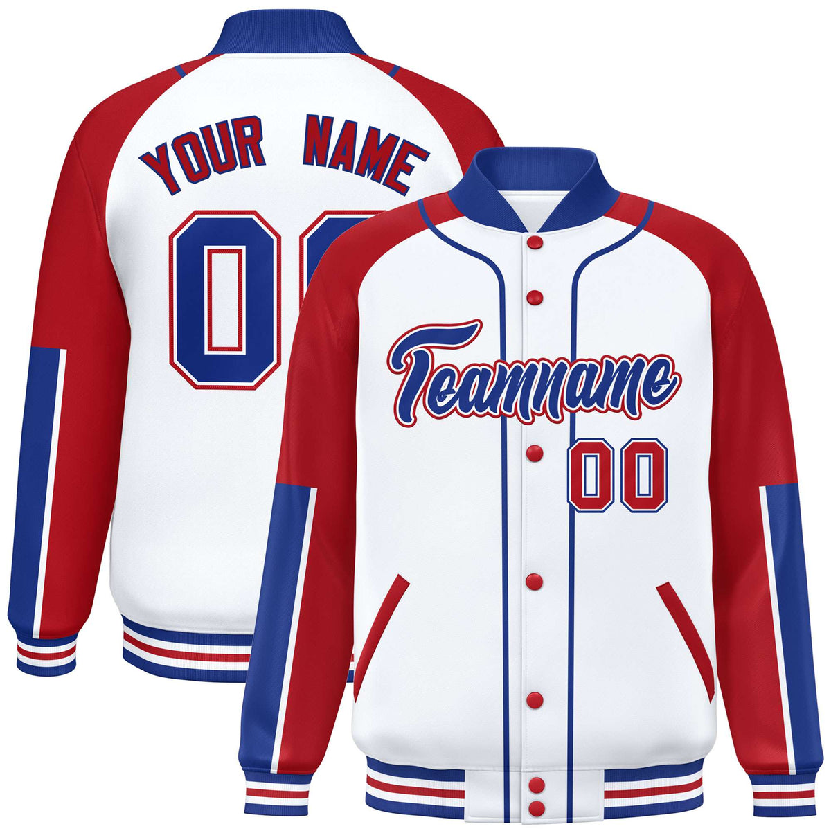 Custom White Red-Royal Blue Varsity Full-Snap Color Block Letterman Jacket