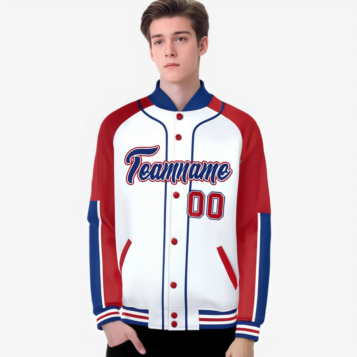 Custom White Red-Royal Blue Varsity Full-Snap Color Block Letterman Jacket
