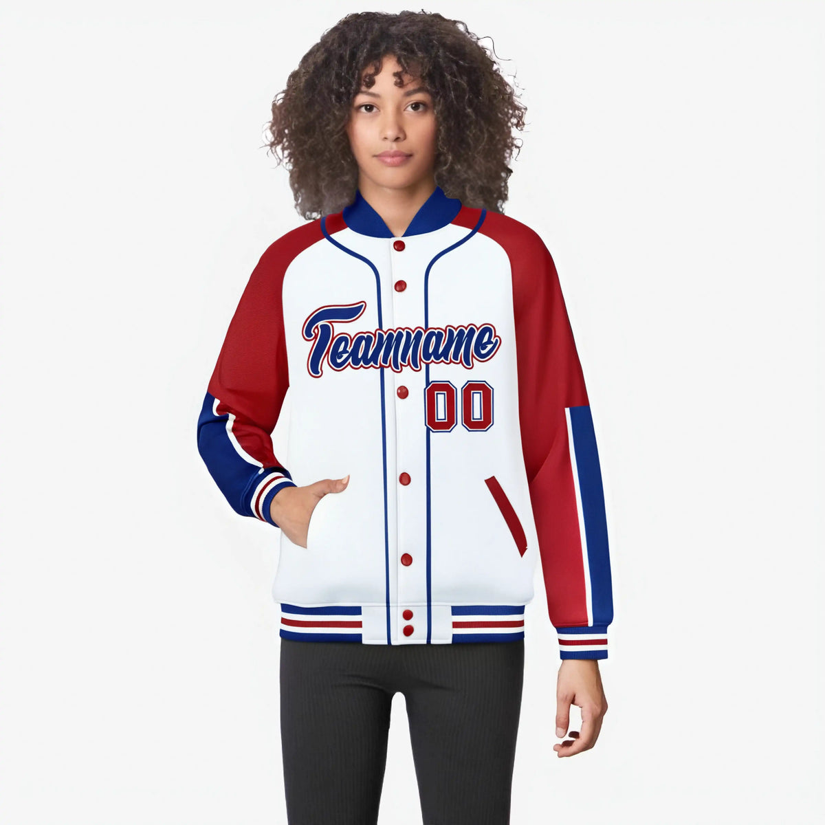 Custom White Red-Royal Blue Varsity Full-Snap Color Block Letterman Jacket