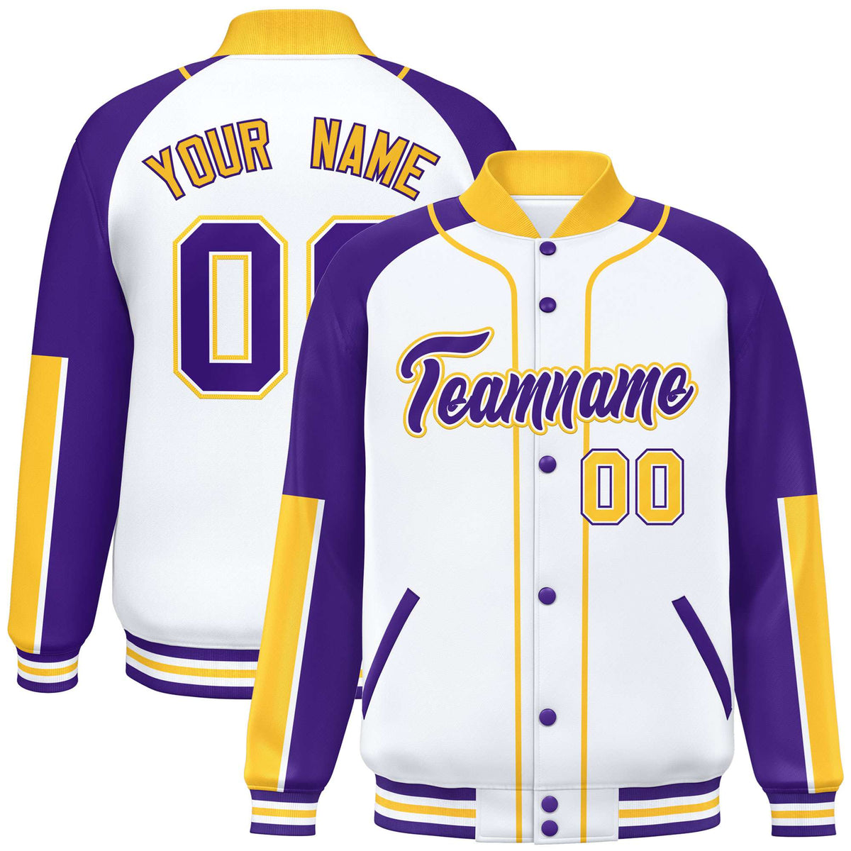 Custom White Purple-Gold Varsity Full-Snap Color Block Letterman Jacket