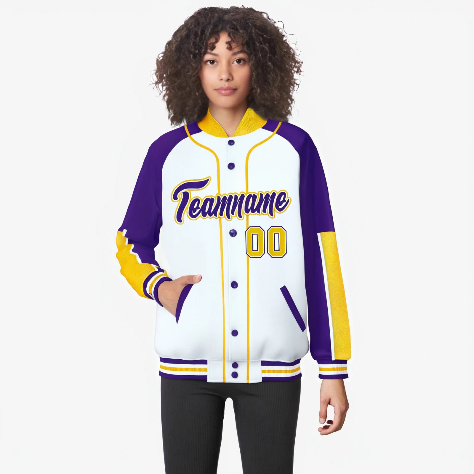 Custom White Purple-Gold Varsity Full-Snap Color Block Letterman Jacket