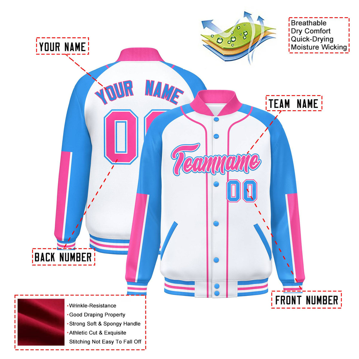 Custom White Powder Blue-Pink Varsity Full-Snap Color Block Letterman Jacket