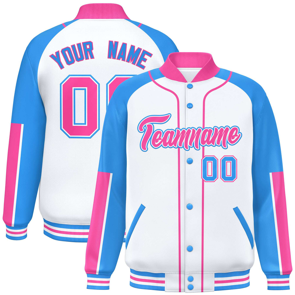 Custom White Powder Blue-Pink Varsity Full-Snap Color Block Letterman Jacket