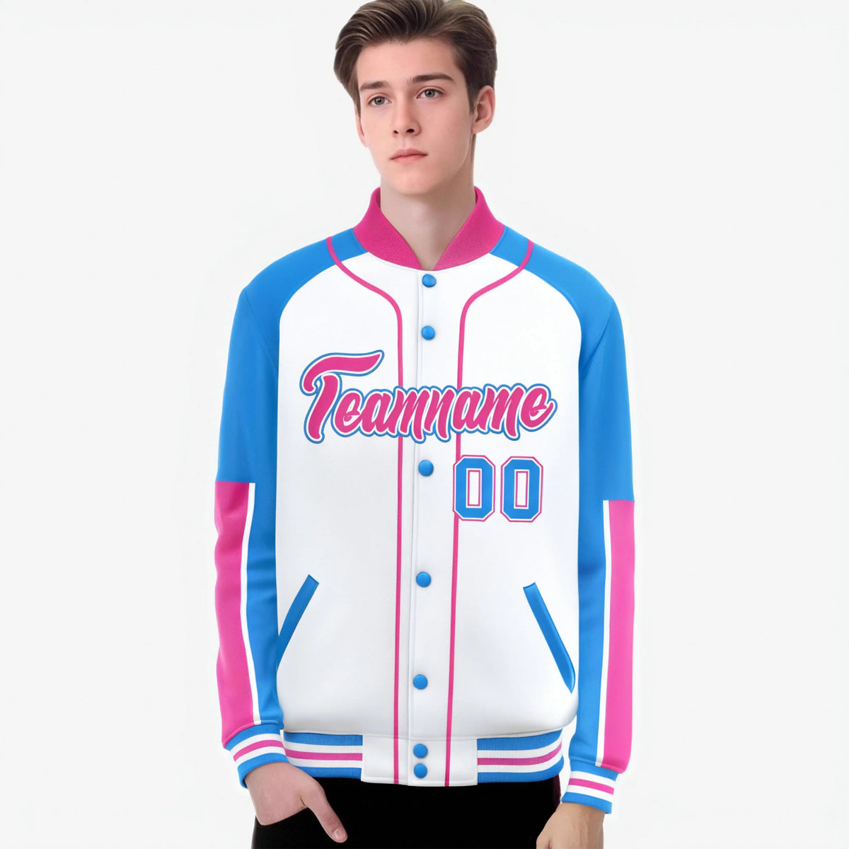 Custom White Powder Blue-Pink Varsity Full-Snap Color Block Letterman Jacket