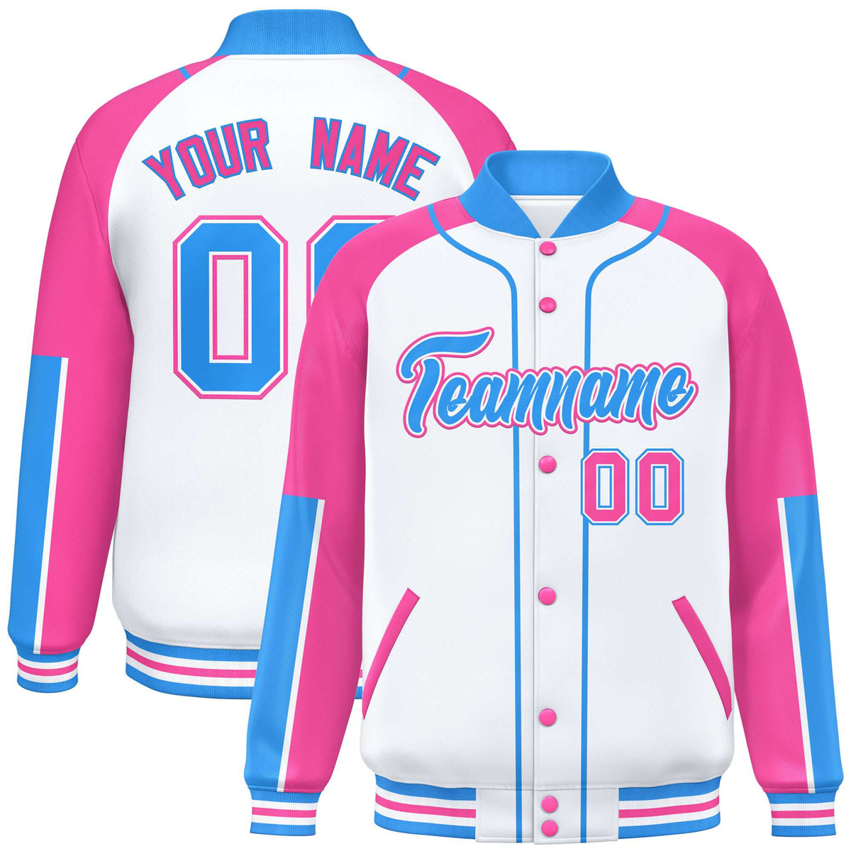 Custom White Pink-Powder Blue Varsity Full-Snap Color Block Letterman Jacket