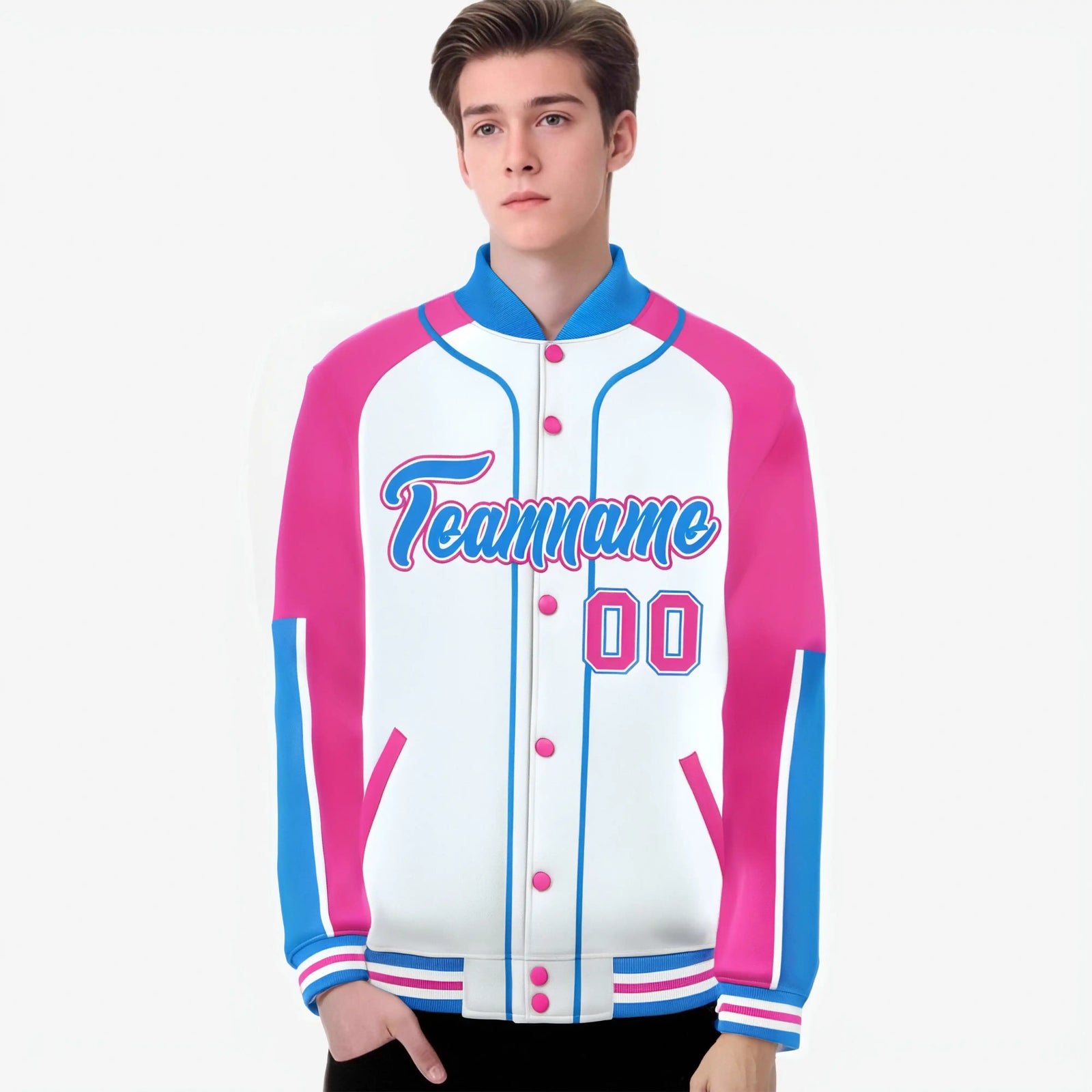 Custom White Pink-Powder Blue Varsity Full-Snap Color Block Letterman Jacket