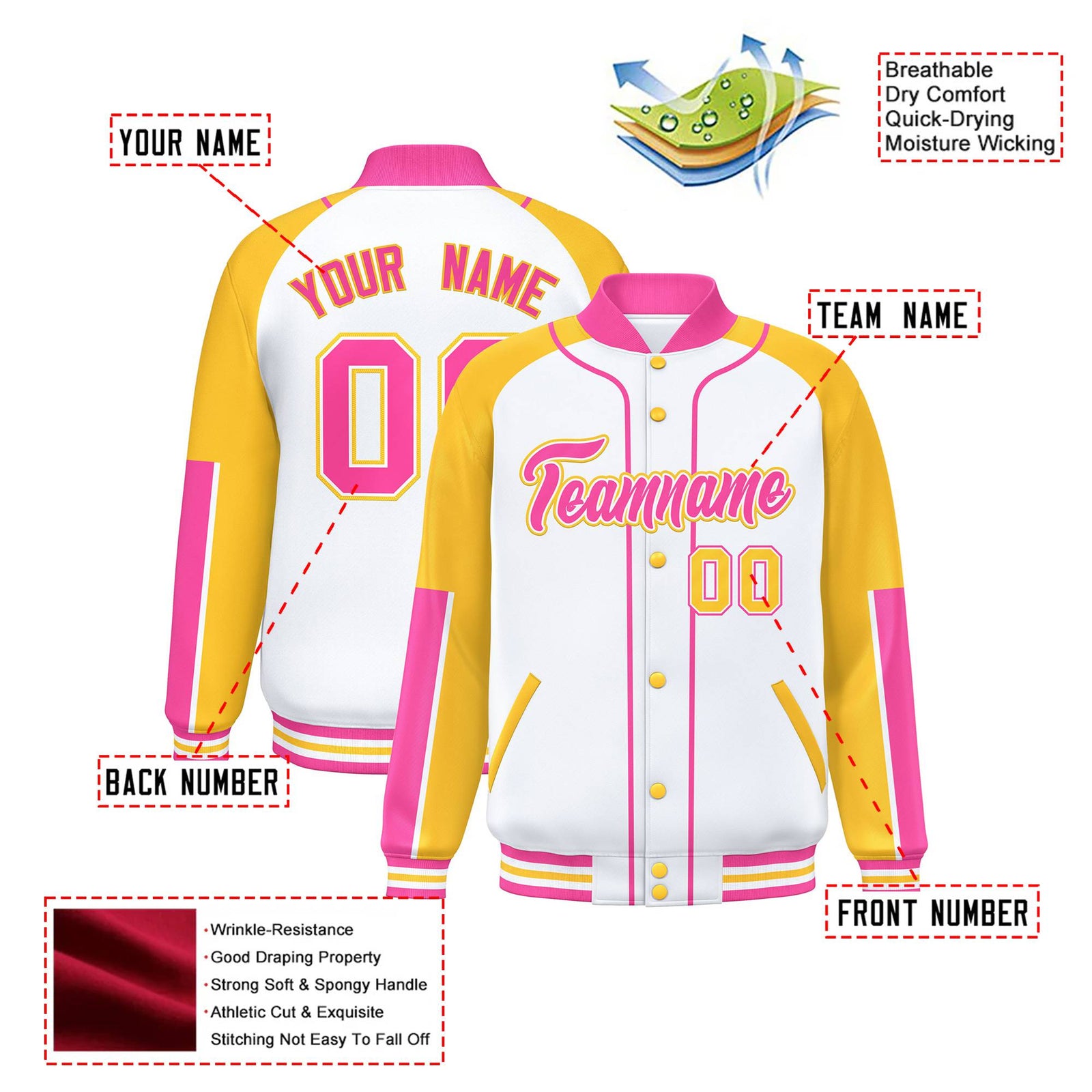 Custom White Gold-Pink Varsity Full-Snap Color Block Letterman Jacket