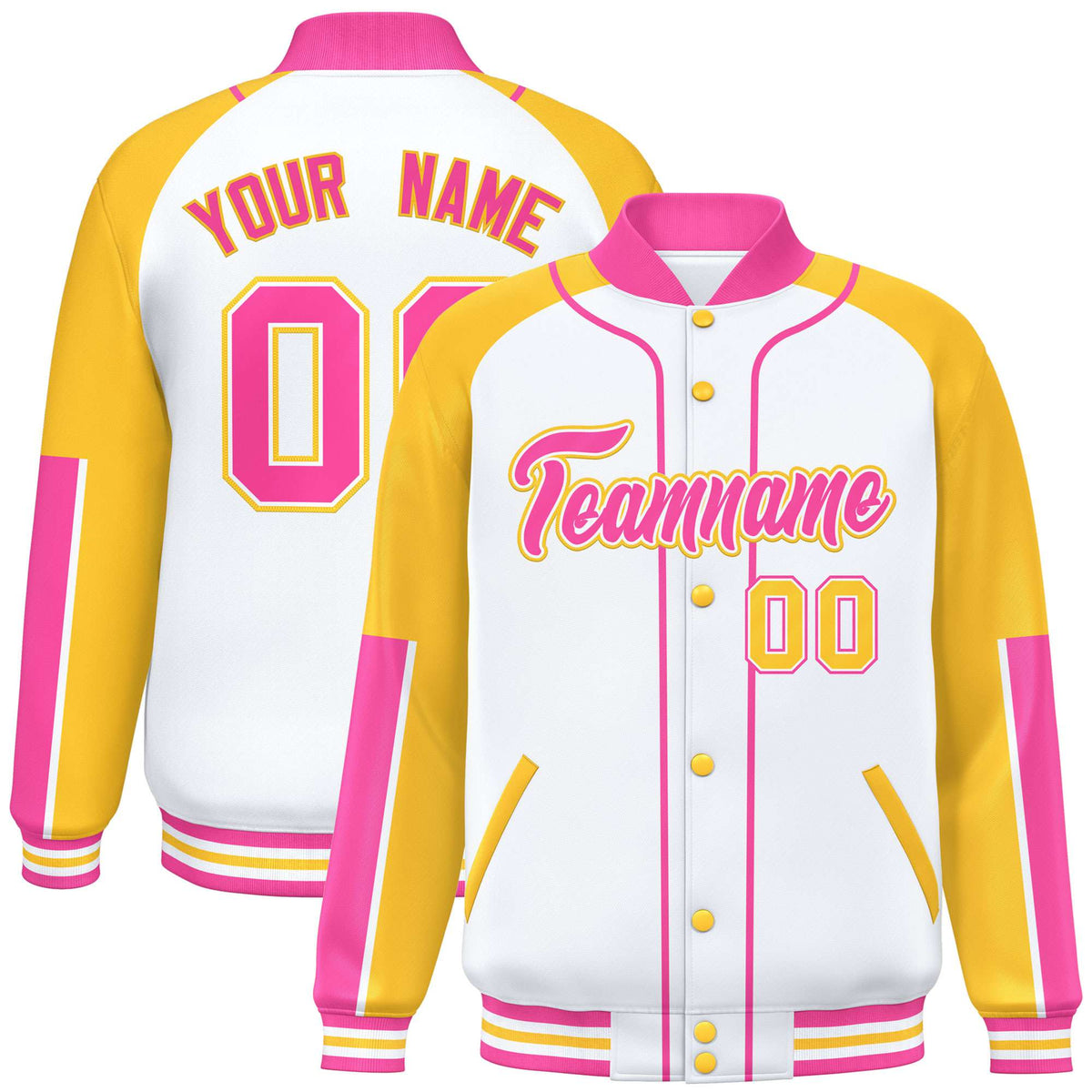 Custom White Gold-Pink Varsity Full-Snap Color Block Letterman Jacket