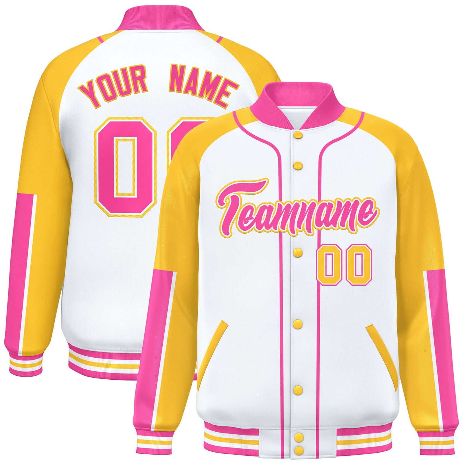 Custom White Gold-Pink Varsity Full-Snap Color Block Letterman Jacket