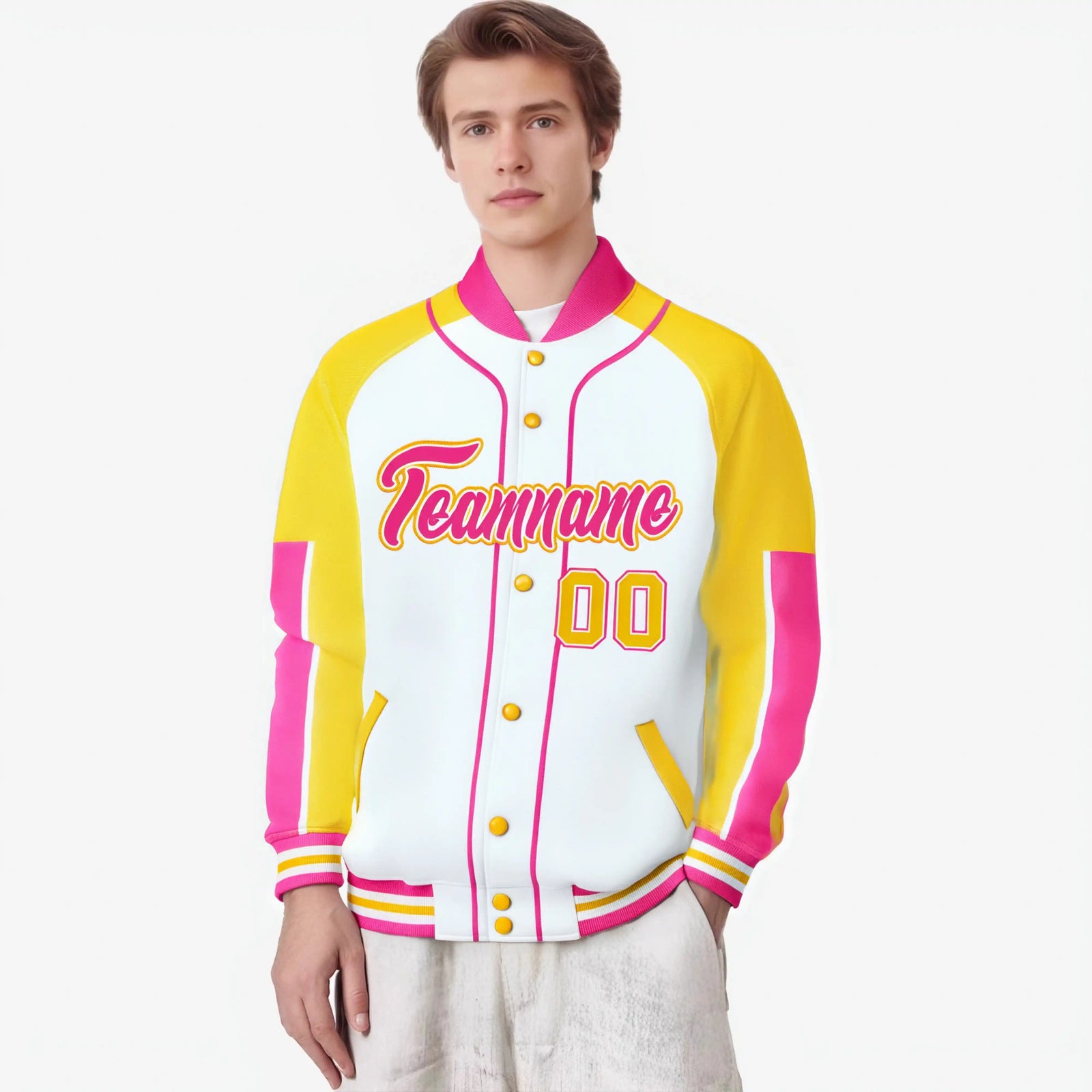 Custom White Gold-Pink Varsity Full-Snap Color Block Letterman Jacket