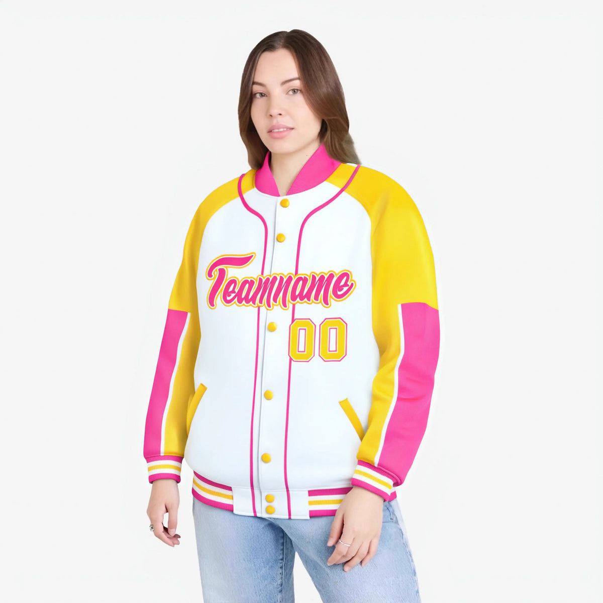 Custom White Gold-Pink Varsity Full-Snap Color Block Letterman Jacket