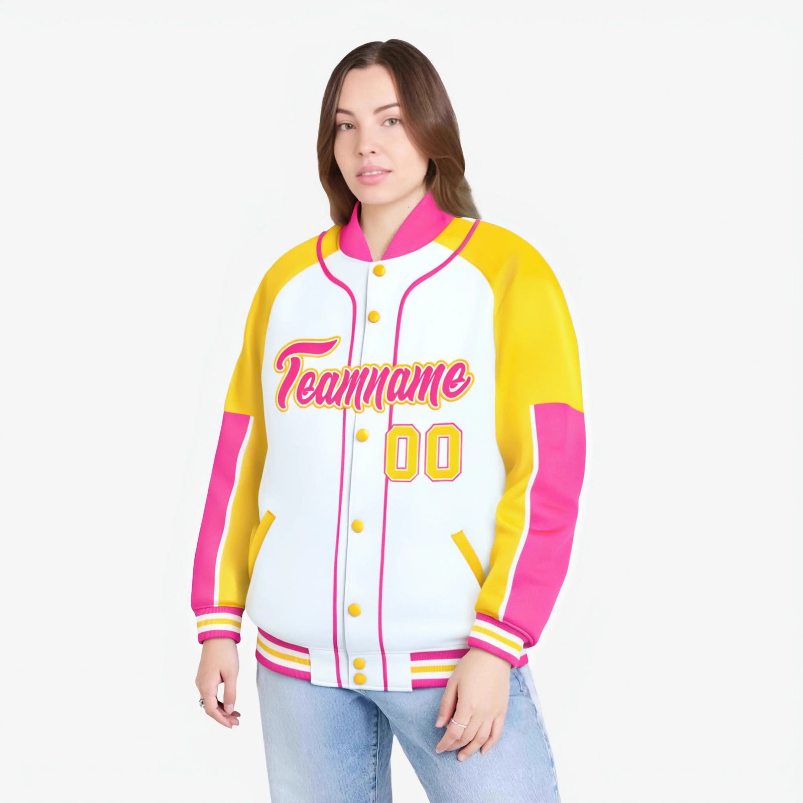Custom White Gold-Pink Varsity Full-Snap Color Block Letterman Jacket
