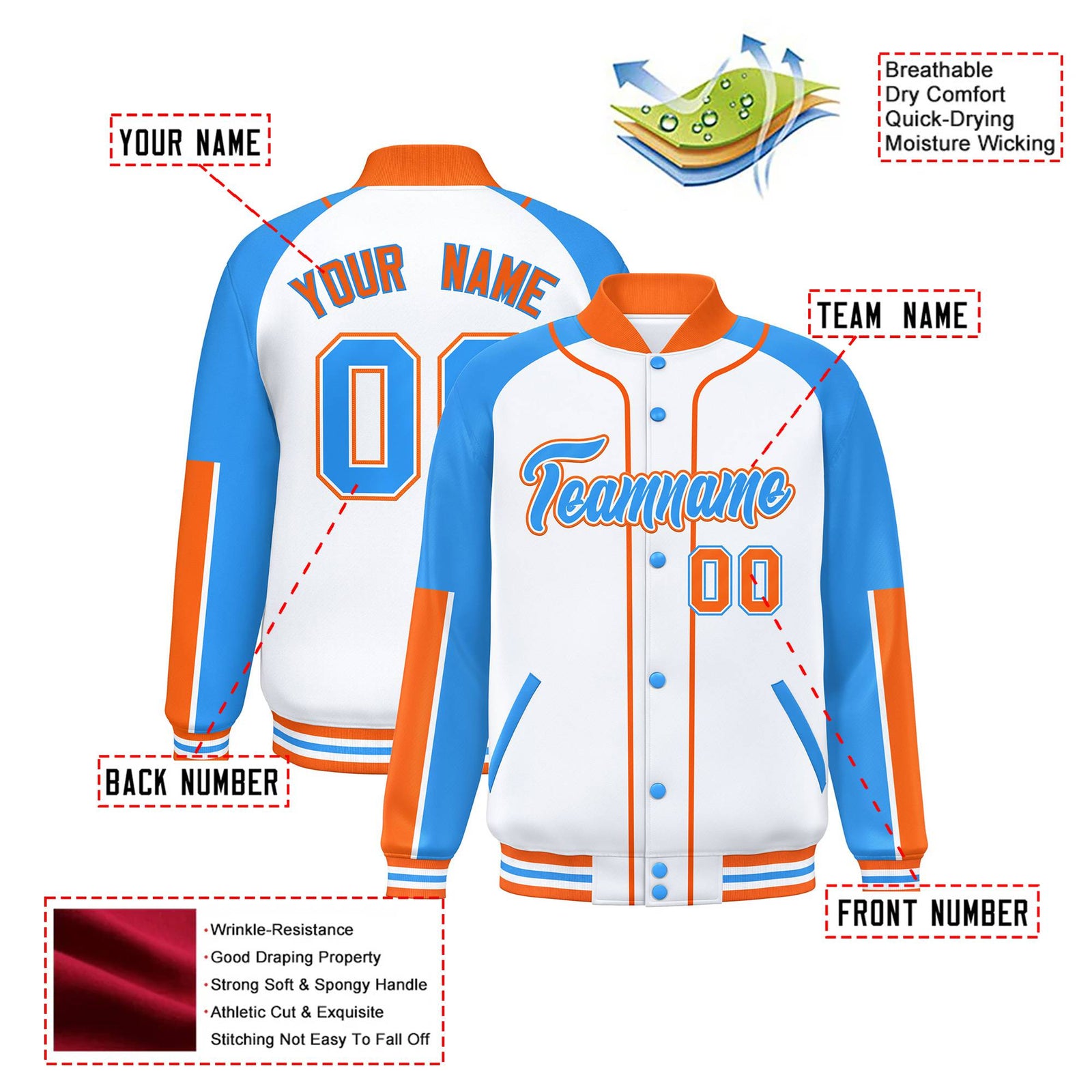 Custom White Powder Blue-Orange Varsity Full-Snap Color Block Letterman Jacket
