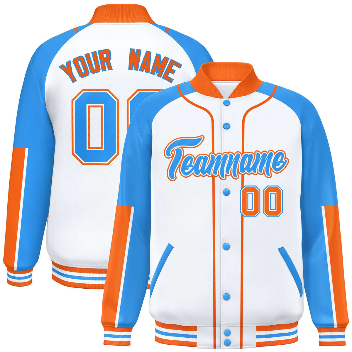 Custom White Powder Blue-Orange Varsity Full-Snap Color Block Letterman Jacket
