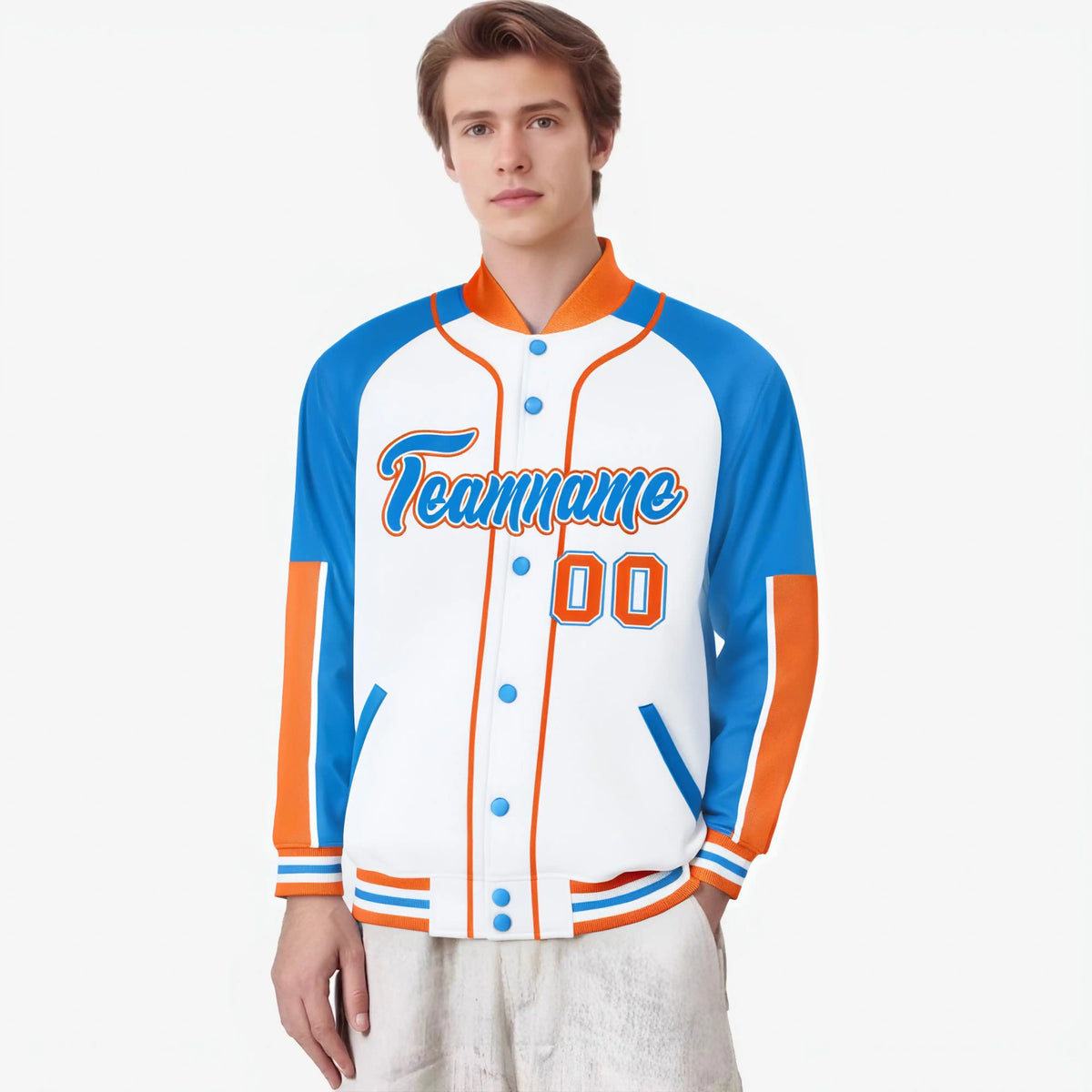 Custom White Powder Blue-Orange Varsity Full-Snap Color Block Letterman Jacket