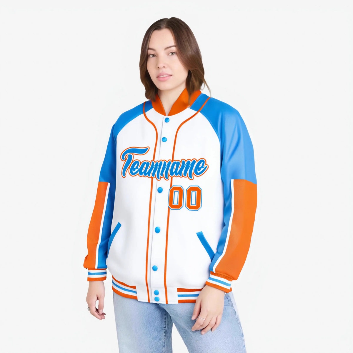 Custom White Powder Blue-Orange Varsity Full-Snap Color Block Letterman Jacket