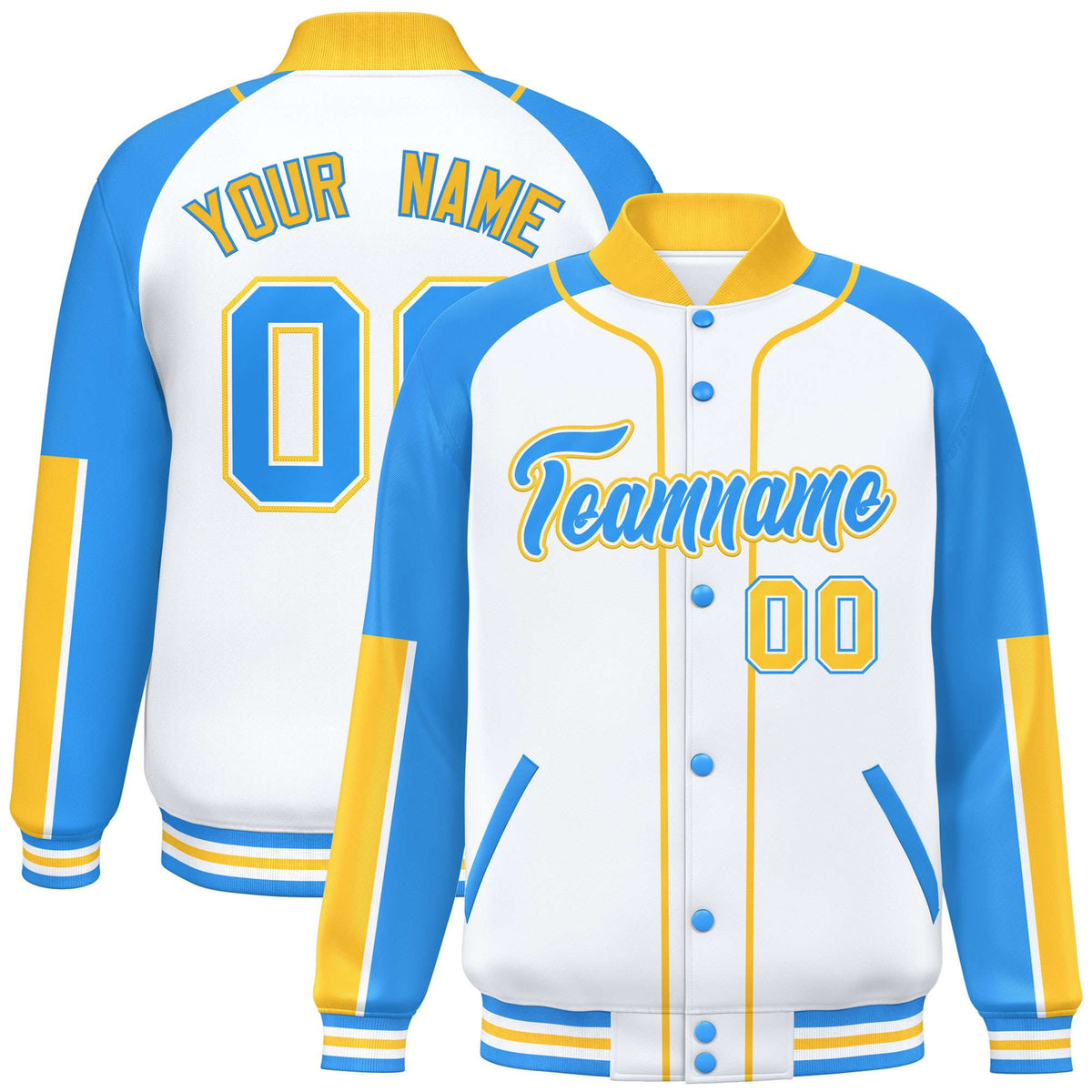 Custom White Powder Blue-Gold Varsity Full-Snap Color Block Letterman Jacket