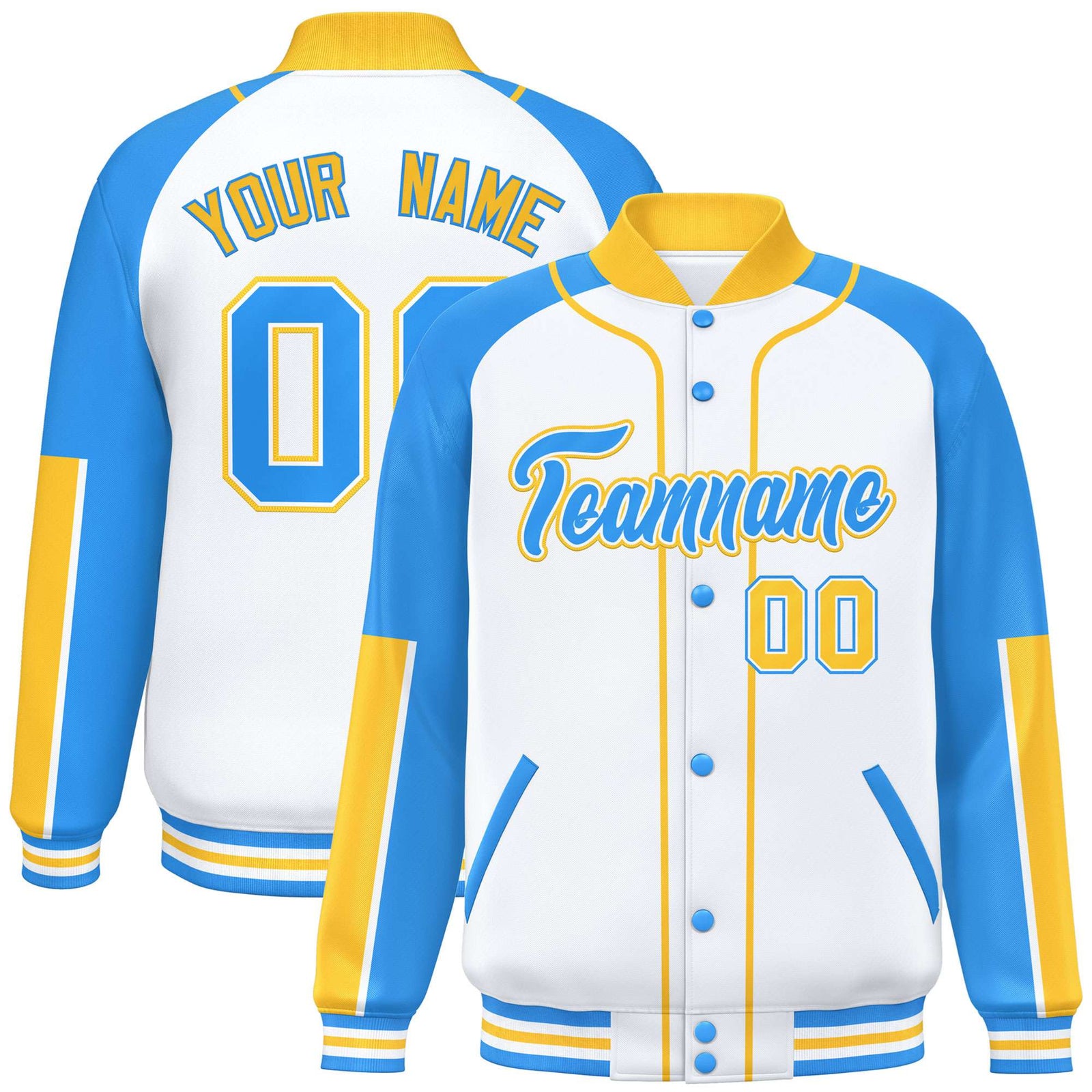 Custom White Powder Blue-Gold Varsity Full-Snap Color Block Letterman Jacket