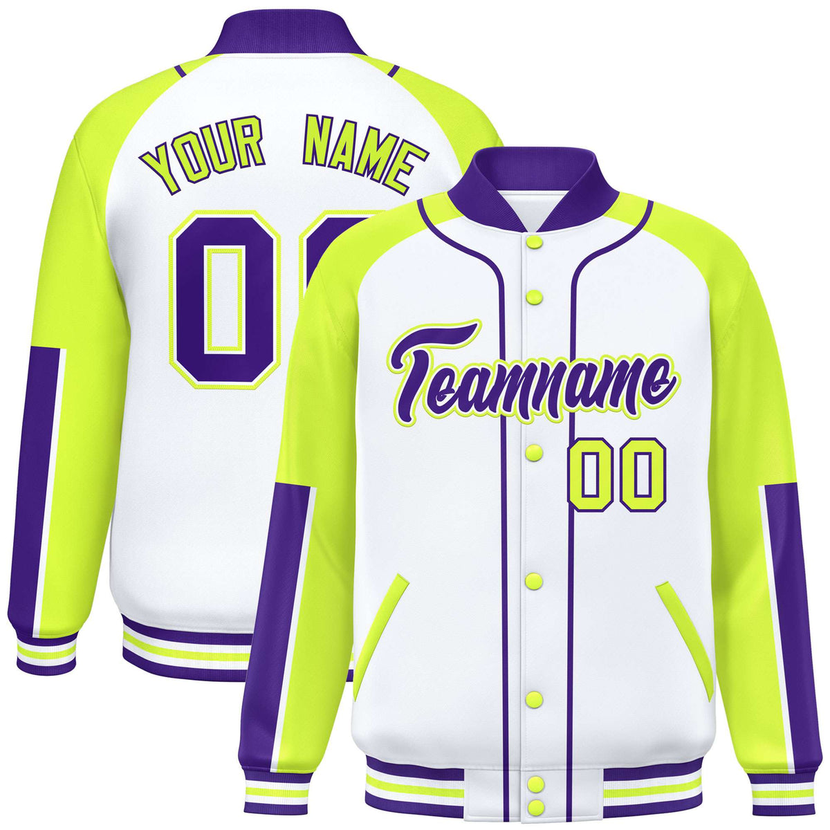 Custom White Fluorescent Green-Purple Varsity Full-Snap Color Block Letterman Jacket