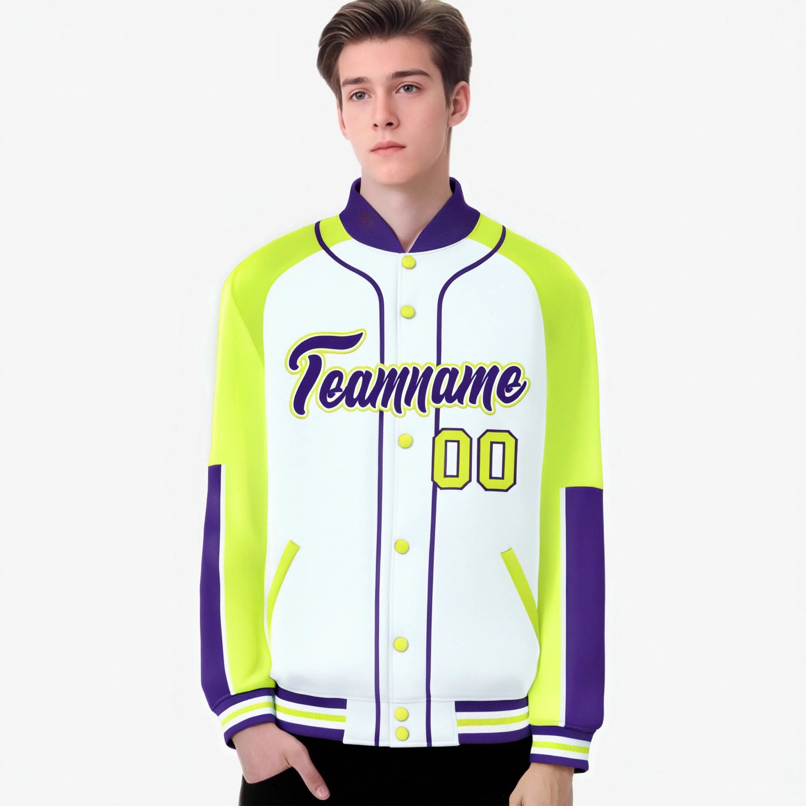 Custom White Fluorescent Green-Purple Varsity Full-Snap Color Block Letterman Jacket